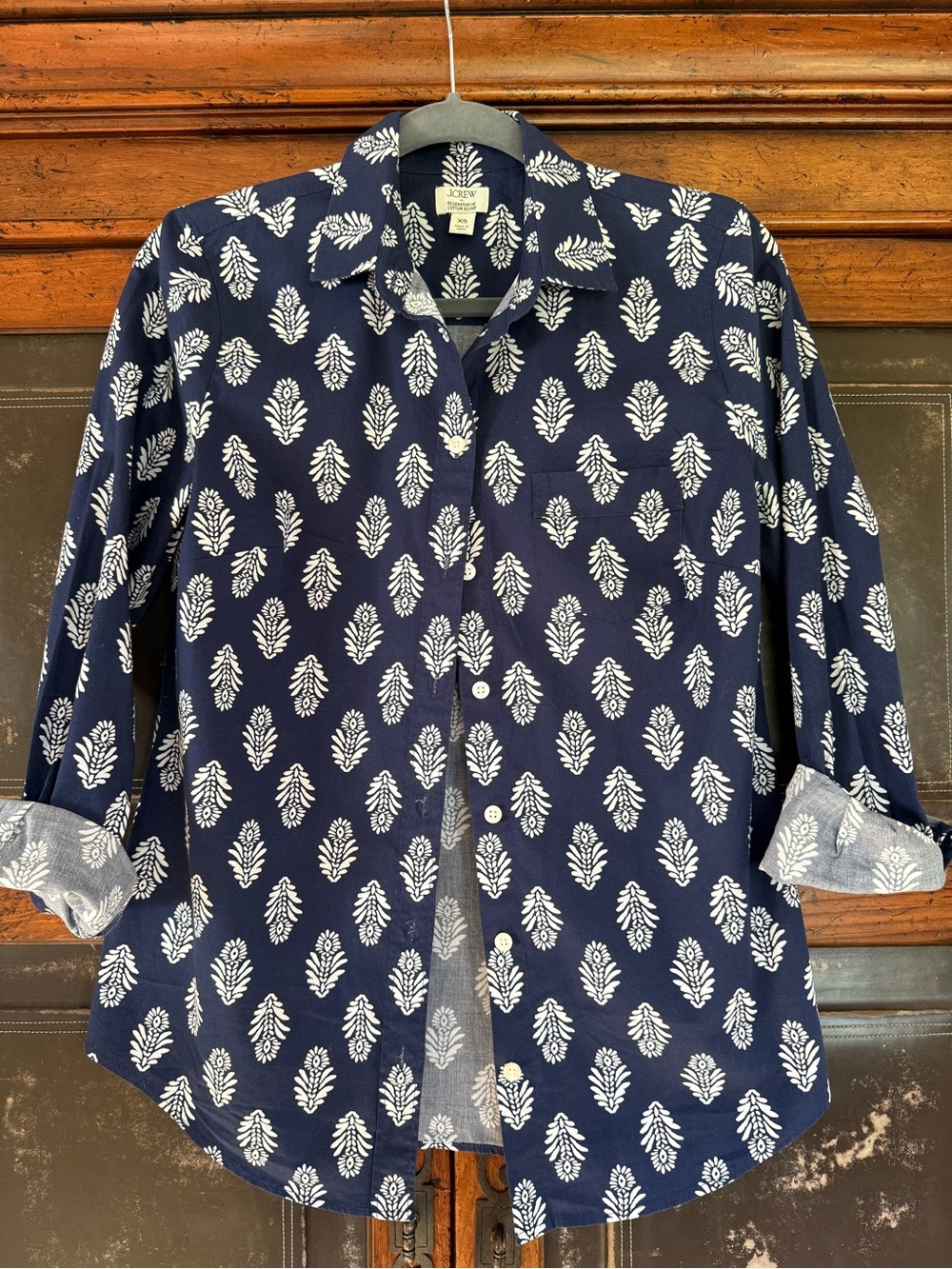 NWOT J. Crew Navy Button-Up Shirt with White Botanical Print